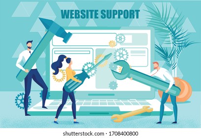 Website Technical Support. Cartoon People Team Characters Holding Giant Tools for Site Repair Stand on Huge Laptop. Man and Woman Group at Work. Maintenance Services. Vector Flat Illustration