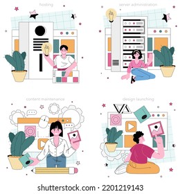 Website technical support concept set. Idea of web page hosting, server administration. Providing web site with updated content. Flat vector illustration