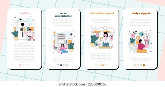 Website technical support mobile application banner set. Idea of web page hosting, server administration. Providing web site with updated content. Flat vector illustration
