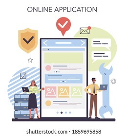 Website technical support online service or platform. Idea of web page diagnostic service. Online application. Flat vector illustration