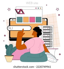 Website technical support online service or platform. Web page hosting, server administration, content updating. Website. Flat vector illustration