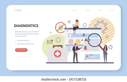Website technical support web banner or landing page. Idea of web page diagnostic service. Providing web site with updated information. Flat vector illustration