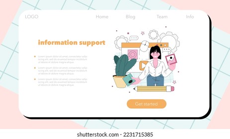 Banner o página de aterrizaje del sitio web de asistencia técnica. Idea de alojamiento de páginas web, administración de servidores. Proporcionar contenido actualizado al sitio web. Ilustración vectorial plana