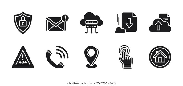 Website or technology icon pack in glyph style, showing internet security, mail notification, cloud server, download and upload files, error 404, contact us, hand cursor and home button.