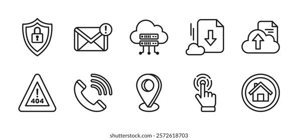 Website or technology icon pack in outline style, showing internet security, mail notification, cloud server, download and upload files, error 404, contact us, hand cursor and home button.