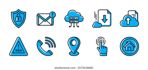 Website or technology icon pack in single color outline style, showing internet security, mail notification, cloud server, download, upload files, error 404, contact us, hand cursor and home button.