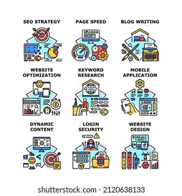 Website technology, Mobile application, Seo strategy, Dynamic content, Page speed, Blog writing, design, Login security, optimization, Keyword research vector concept color illustration