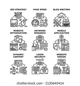 Website technology, Mobile application, Seo strategy, Dynamic content, Page speed, Blog writing, design, Login security, optimization, Keyword research vector concept black illustration