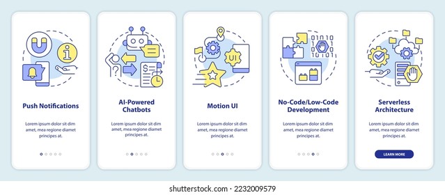Website technology tendency onboarding mobile app screen. Walkthrough 5 steps editable graphic instructions with linear concepts. UI, UX, GUI template. Myriad Pro-Bold, Regular fonts used