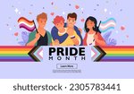 Website template background of diverse people celebrate PRIDE month supporting LGBTQIA history.