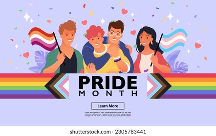 Website template background of diverse people celebrate PRIDE month supporting LGBTQIA history.