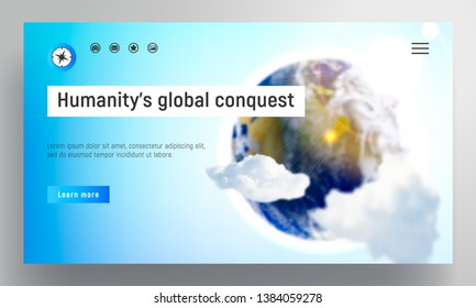 Website template.  Background with planet Earth, clouds and sun in the blue sky