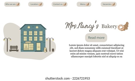 Plantilla de sitio web para una panadería. Ilustración de un edificio azul con una panadería en la planta baja, un banco y lámparas cerca. Casa de tres pisos. Tienda de comida dulce