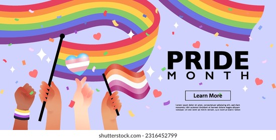 Website template banner of people hold rainbow flag with sign language hands supporting LGBTQIA PRIDE month.