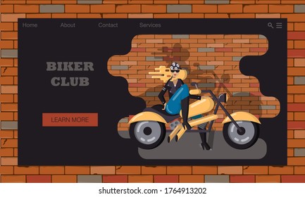 Website template of biker club for representatives of rocker subculture. Female biker motorcycle racer posing on powerful, classic motorcycle against battered brick wall. Landing page, website concept