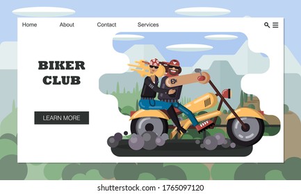 Website template of biker club, rocker subculture. Couple biker riding motorcycle along highway against background of mountain and forest landscape. Cartoon flat vector. Landing page, website concept