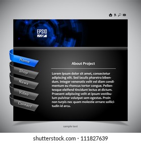 website template in black and blue colors. Vector illustration.