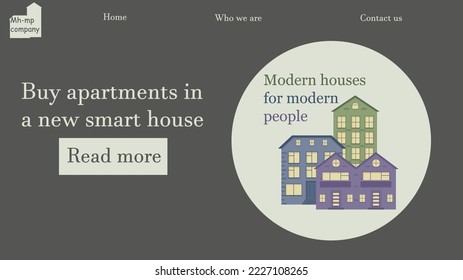 Plantilla de sitio web para un edificio o la venta de casas modernas multiapartamento. Ilustración de tres casas coloridas con el lema