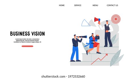 Website template with business people aiming up career ladder, flat vector illustration. Opportunities for professional  growth and business development, achieving goals and career implementation.