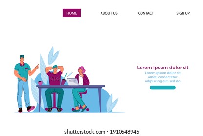 Website-Vorlage mit Geschäftsleuten, die an gemeinsamen Projekten mitarbeiten. Zusammenarbeit und Teamwork Konzept der Webseite, Cartoon Vektorgrafik.