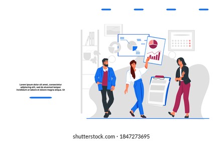 Website template with business team working on project analyzing charts and market, flat vector illustration. Landing page for marketers and business solution commercial offerings.