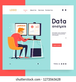 Website Template. Business workflow management. Office life, business, programmer. Data analysis. Landing page. Flat design vector illustration