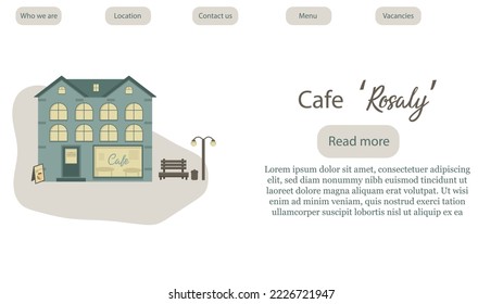 Website template for a cafe named Rosaly. Illustration of green building with a cafe on the ground floor, a bench and lanterns nearby. Three storey home. Hot drinks shop. 