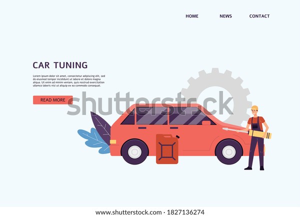 Website template for car tuning
services with cartoon character of repairman or mechanic improving
appearance of automobile body, flat vector
illustration.