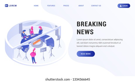 Website template with cartoon speakers sitting near big round table and camera man broadcasting live in high tech room vector illustration. Place for text read more button
