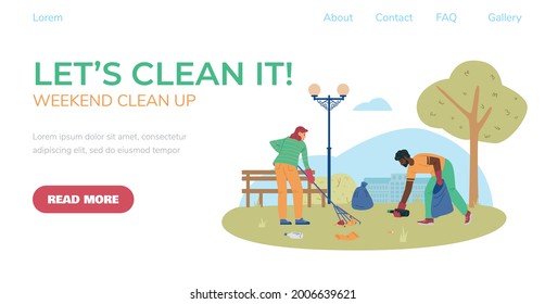 Website Template For City Public Places Clean Up Volunteering Event, Flat Vector Illustration. Web Landing Page With Volunteers Cleaning Up In Town Park.