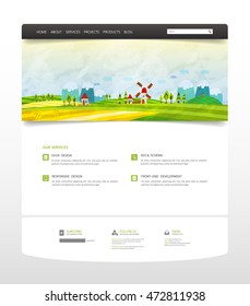 Website Template, with colorful cartoon header illustration. Vector Layout.