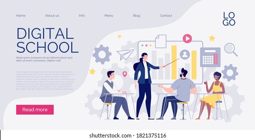 Website template. The concept of staff training, meeting, business, teamwork. Digital scool. Vector illustration in cartoon flat style.