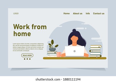 Website template concept and work from home banner. Girl at laptop works from home office, customer support chat, training. Vector stock graphics in flat style. Coworking. Freelance.