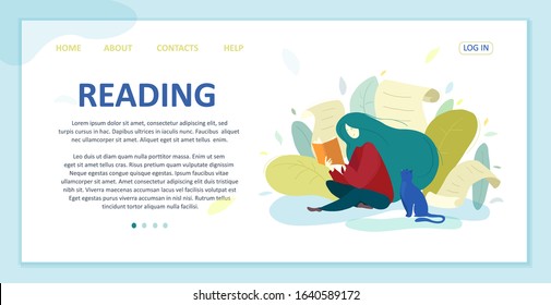 Website template - cute girl reading book. Vector illustration about literature, education, books.