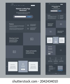 Website template. Dark landing page site design. One page site wireframe layout.