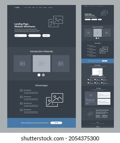 Website template dark mode site design. Landing page wireframe. One page site layout interface for your company.