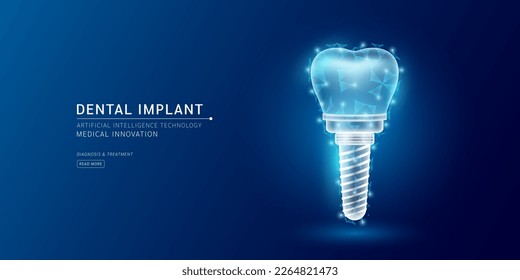 Website template. Dental implant translucent low poly triangles. Futuristic glowing human tooth organ hologram on dark blue background. Medical innovation diagnosis treatment concept. Banner vector.