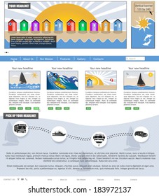 Website template design along with icons and images. Beach and holiday (vacation) related