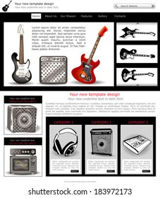 Website template design along with icons and images. Guitar music related.