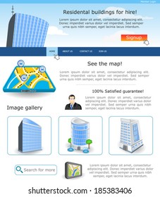 Website template design along with icons and images. Residential building for hire 