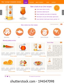 Website template design along with icons and images. Orange. 