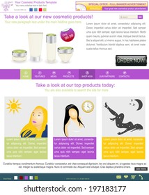 Website template design along with icons and images. Cosmetic products.