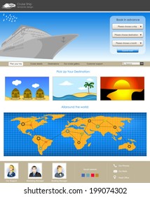 Website template design along with icons and images.Cruise ship