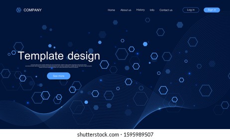 Website template design. Asbtract scientific background with colorful dynamic waves, hexagonal innovation pattern. Modern landing page for websites or apps. Vector illustration
