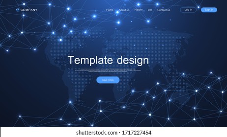 Website template design. Asbtract scientific background with World data connecting network and communications concept with map dots innovation pattern. Modern landing page for websites, vector