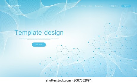 Website template design. Asbtract scientific background with colorful dynamic waves, hexagonal innovation pattern. Modern landing page for websites or apps. Vector illustration