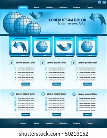 Website template design, blue corporate style, layout and header elements.