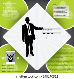 Website template design with business man and login screen