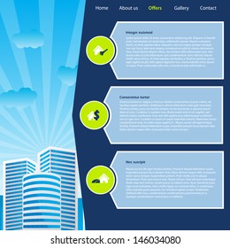 Website template design with cityscape and house buying options