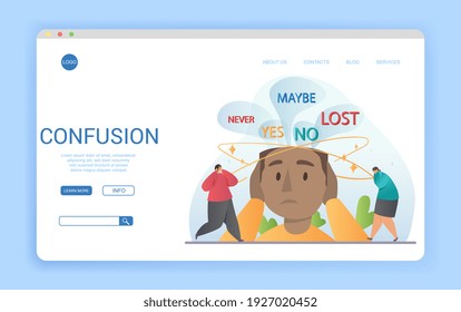 Website template design conceptual of Confusion with copyspace and people with hands to head below text never, yes, maybe, lost and no, colored vector illustration